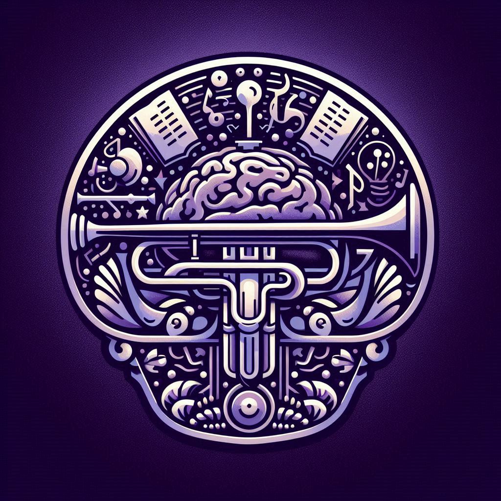Circular emblem illustrating a brain and trumpet surrounded by musical notes, books, and a lightbulb, representing the intersection of music and brain science